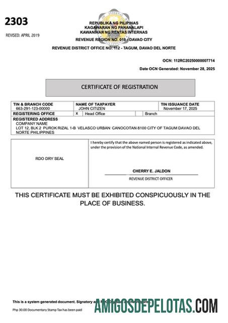 Certificado de registro das Filipinas para download, modelo Word e PDF, versão 4